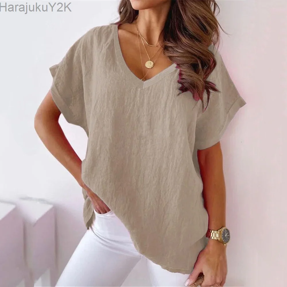 S-5XL Size Cotton T Shirt Khaki Short Sleeve Tops For Women Summer Solid Color Loose V-Neck Shirts White
S-5XL Size Cotton T Shirt Khaki Short Sleeve Tops For Women Summer Solid Color Loose V-Neck Shirts White