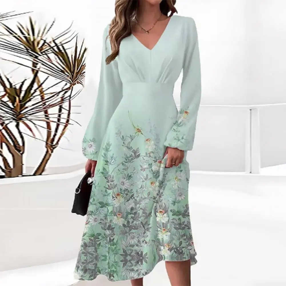 Женское платье-миди с цветочным принтом, V-образным вырезом и длинным рукавом
Женское платье-миди с цветочным принтом, V-образным вырезом и длинным рукавом