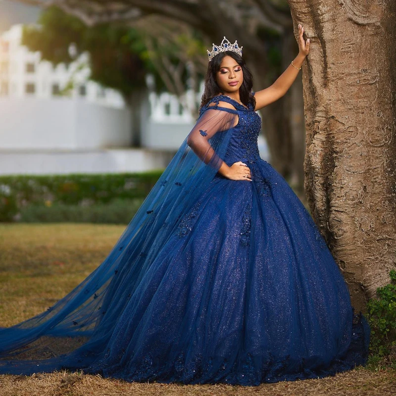 Navy Blue Sparkly Crystal Beads Lace Quinceanera Dresses Ball Gown Off The Shoulder With Cape Sweet Vestidos De 15 Girls
Navy Blue Sparkly Crystal Beads Lace Quinceanera Dresses Ball Gown Off The Shoulder With Cape Sweet Vestidos De 15 Girls