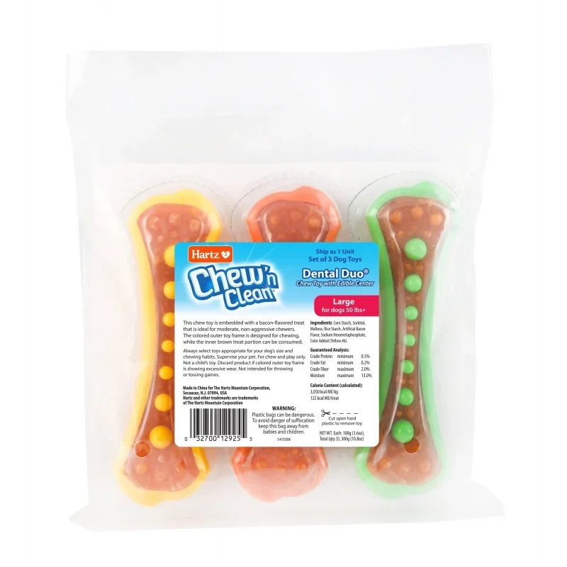 Hartz Chew 'n Clean Dental Duo Dog Treat & Chew Toy, Bacon вкус, цвет варьируется, большой, 3 упаковки
Hartz Chew 'n Clean Dental Duo Dog Treat & Chew Toy, Bacon вкус, цвет варьируется, большой, 3 упаковки