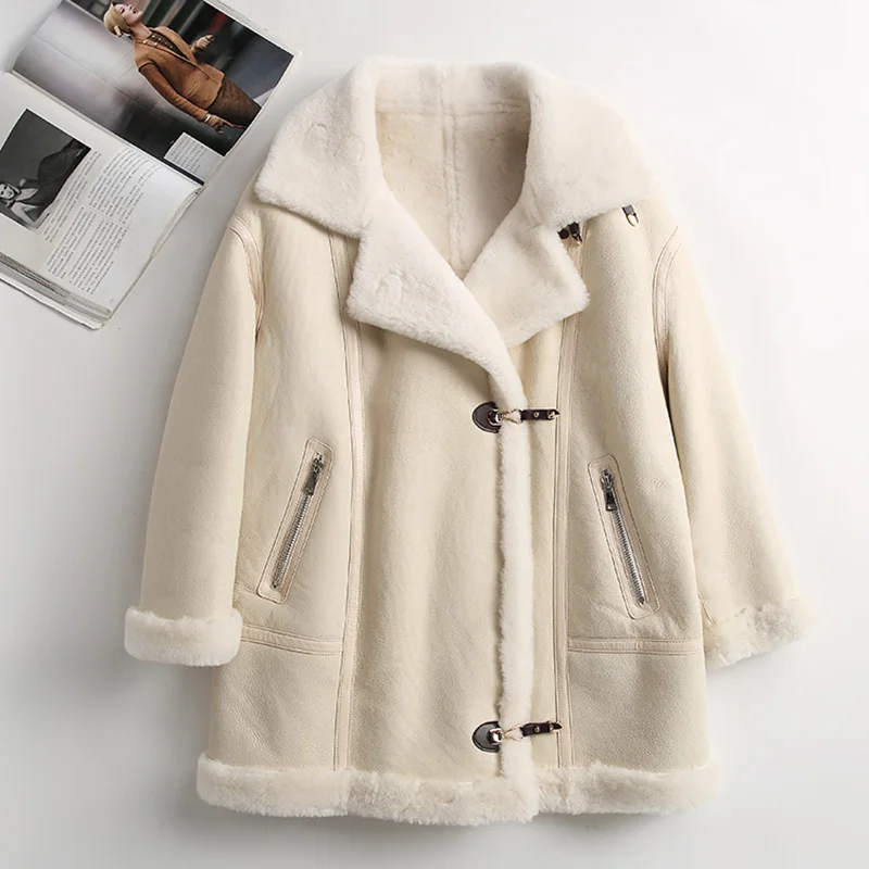 

2023 Women's Real Long Leather Shearling Coat Winter Warm Double Face Lamb Fur Lining Thick Coat Sheepskin Leather Jackets MH389
