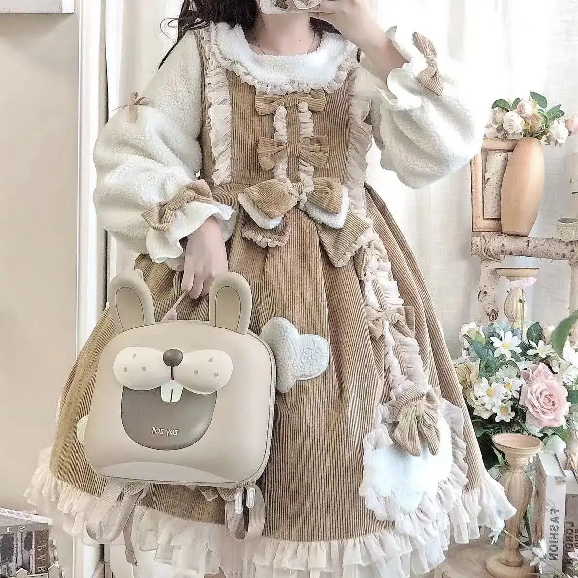 

Autumn Winter Thickened Warm Cloud Lolita Dress Girl Japanese Style Sweet Doll Collar Long Sleeve Bow Ruffles Cute OP Dress