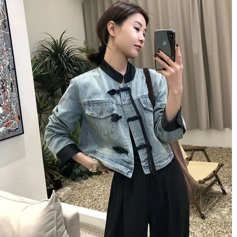 

Женское джинсовое пальто на пуговицах, повседневное короткое джинсовое пальто в винтажном китайском стиле, уличный шикарный топ в китайском стиле, весна 2020