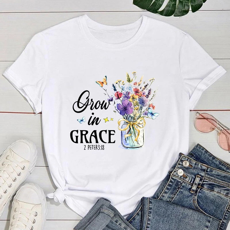

(Premium T-shirt)Grow In Grace T-Shirts For Women Summer Tee Shirt Femme Casual Short Sleeve Round Neck Tops T-Shirts