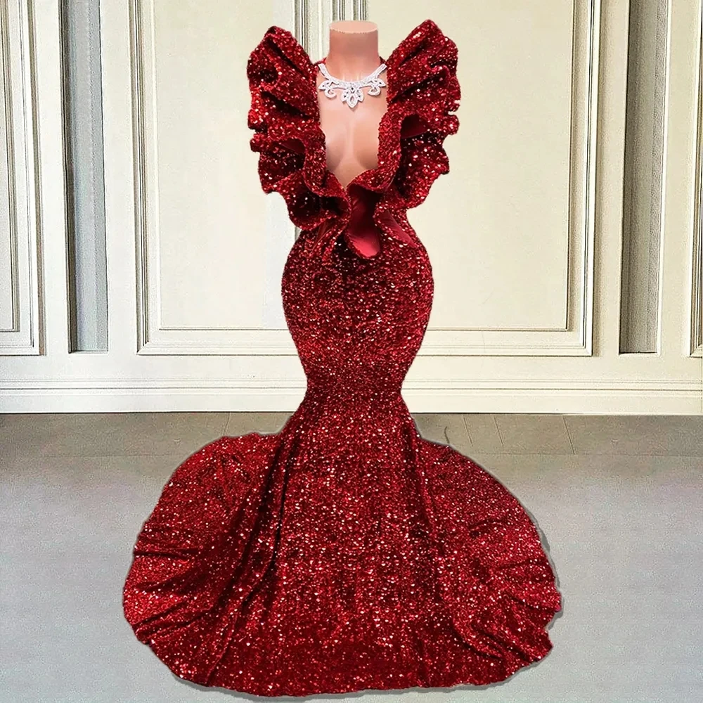 

Sparkly Sequin Long Prom Dresses 2024 for Black Girl Mermaid V-Neck Ruffles Sleeveless Burgundy Formal Gala Party Evening Gown