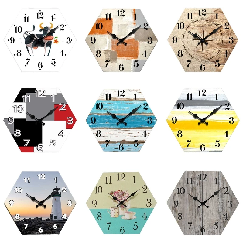 

Hexagon Wood Wall Clock Silent Non-Ticking Battery Operated Time Clocks for Home Bedroom Kitchen Living Room Decoration Gift