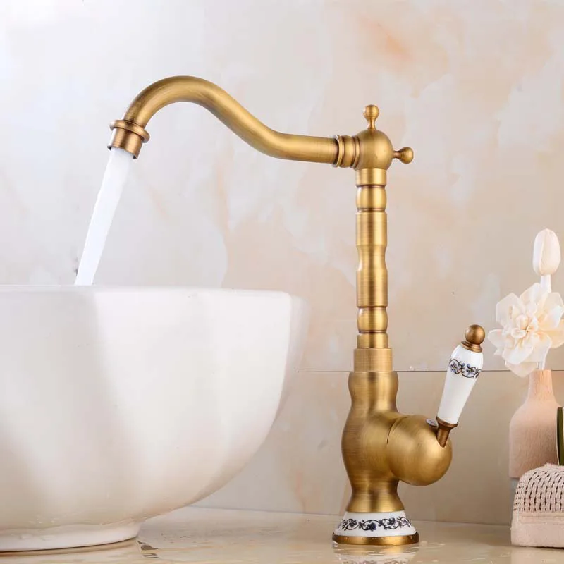 

Bathroom Basin Faucet Antique Brass Deck Mounted Single Hole Washbasin Tap Rotatable Hot & Cold Mixer Water Kitchen Sink Faucets