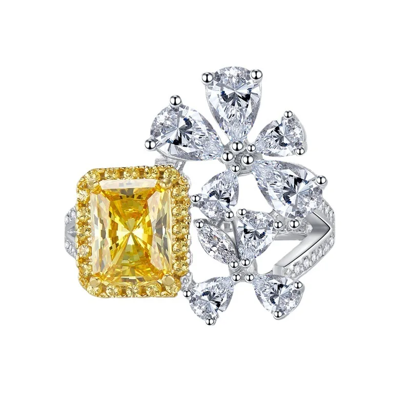 

2023 New S925 Silver Imported High Carbon Diamond Yellow Diamond 6 * 8 Radian Ring Women's European and American Ins Style