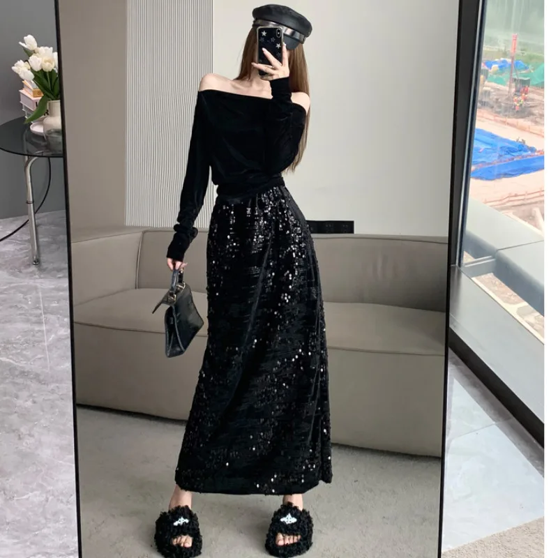 

2023 New Arrival French Velvet Sparkle Midi Skirt in Black Shiny Glamorous Straight Cut with Side Slit Perfect Early Autumn