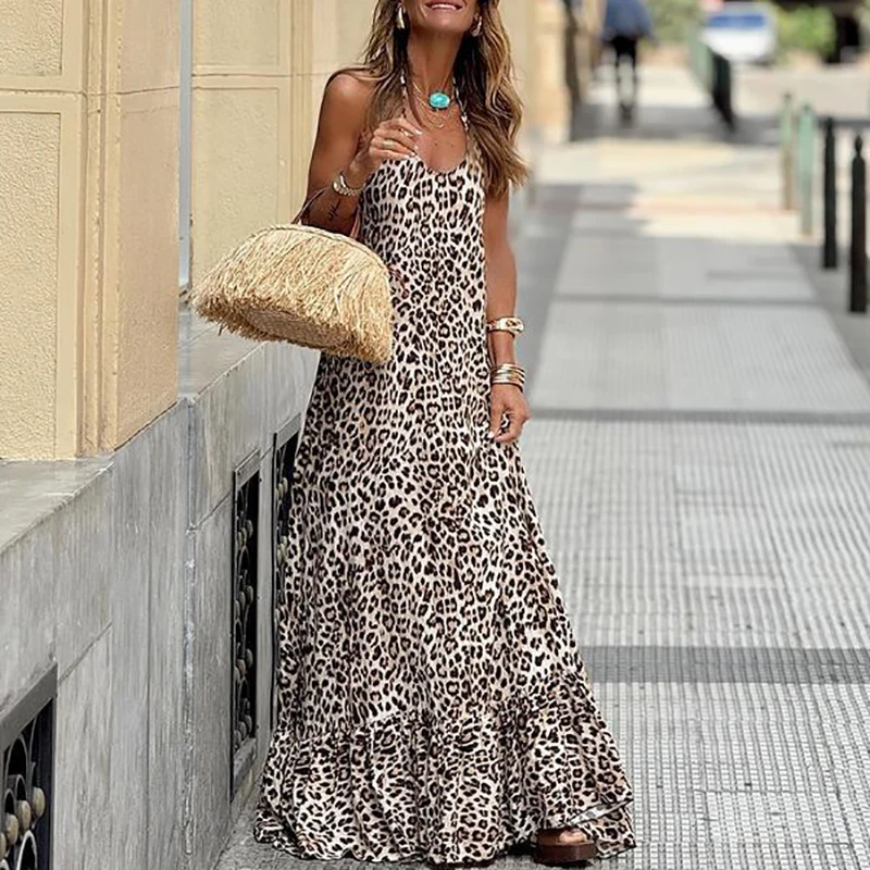 Elegant Leopard Print Sleeveless Loose Dress Summer V Neck Halter Tie-up Holiday Beach Long Dress Fashion Backless Big Hem Dress
Elegant Leopard Print Sleeveless Loose Dress Summer V Neck Halter Tie-up Holiday Beach Long Dress Fashion Backless Big Hem Dress