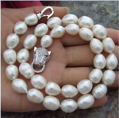 

new huge 18" 11-12MM SOUTH SEA NATURAL White PEARL NECKLACE Leopard head CLASP