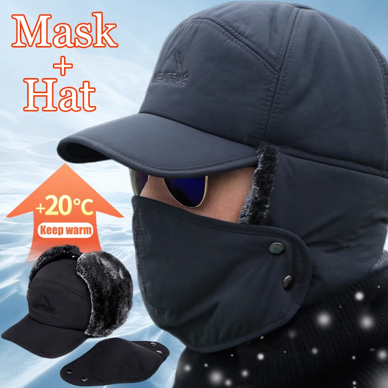 

Ski Mask Bomber Hat Ear Flap Cap for Men Thicken Winter Warm Hat Solid Soft Thermal Bonnets Hats for Outdoor Fishing Skiing Caps