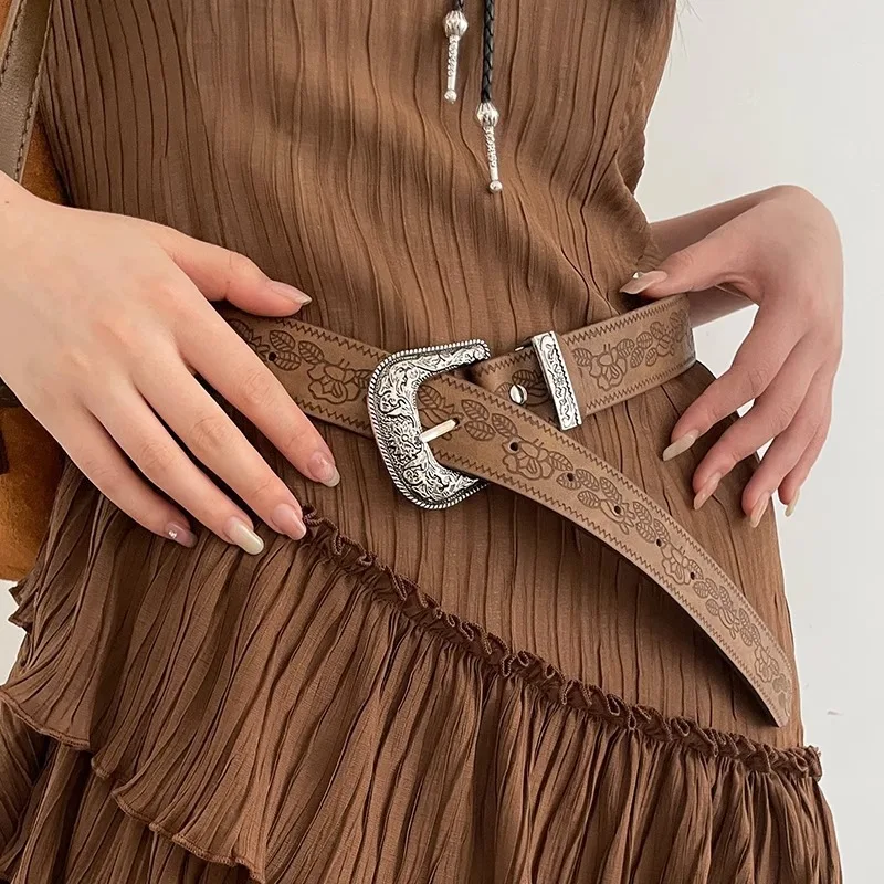 

Женский винтажный ремень Y2K, универсальные ремни из искусственной кожи с принтом, коричневый широкий пояс с металлической пряжкой, для женских платьев, джинсов, брюк, декоративный ремень