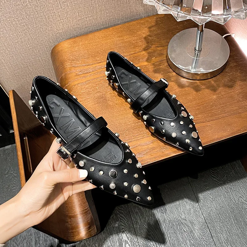 

New French Retro Mary Jane Single Shoes European and American Women's Shallow Mouth Flat Bottom Rivet Buckle Shoes Banquet Shoes