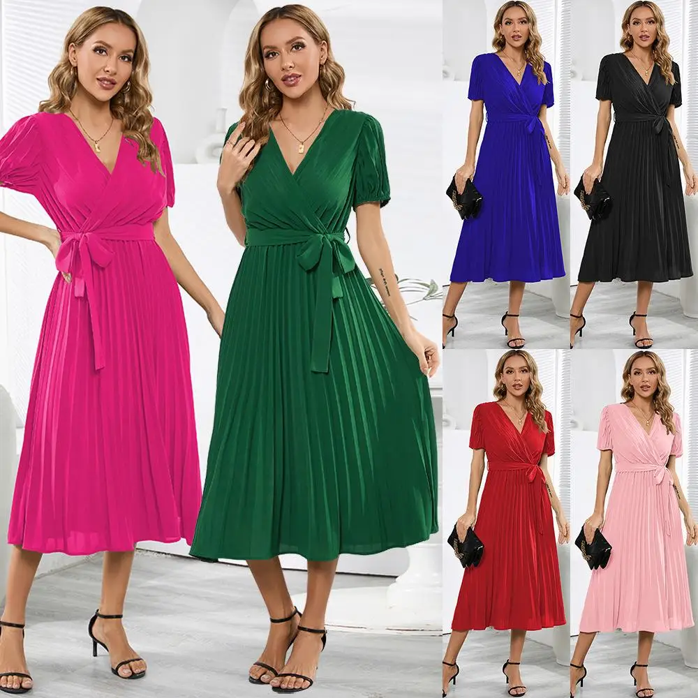 

Women's Casual V Neck Dresses Short Sleeve Pleated Ruffle Flowy Belted Dress Wedding Guest Casual Pleated Midi Clothes