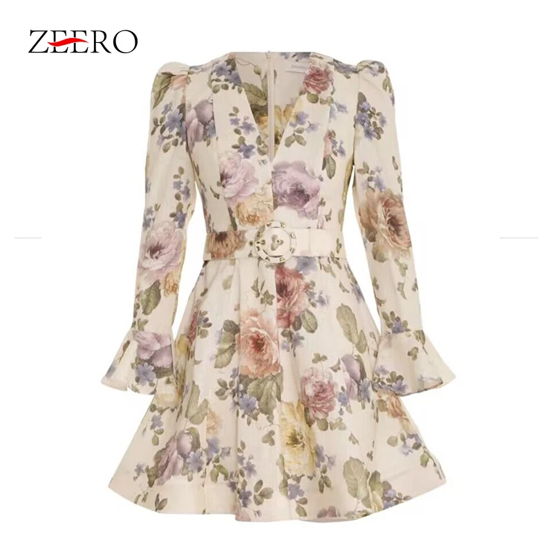 

Spring Summer Women Vintage Flare Long Sleeve Belted Folds Dresses Elegant Ladies V Neck Floral Print Party Dresses Vestidos