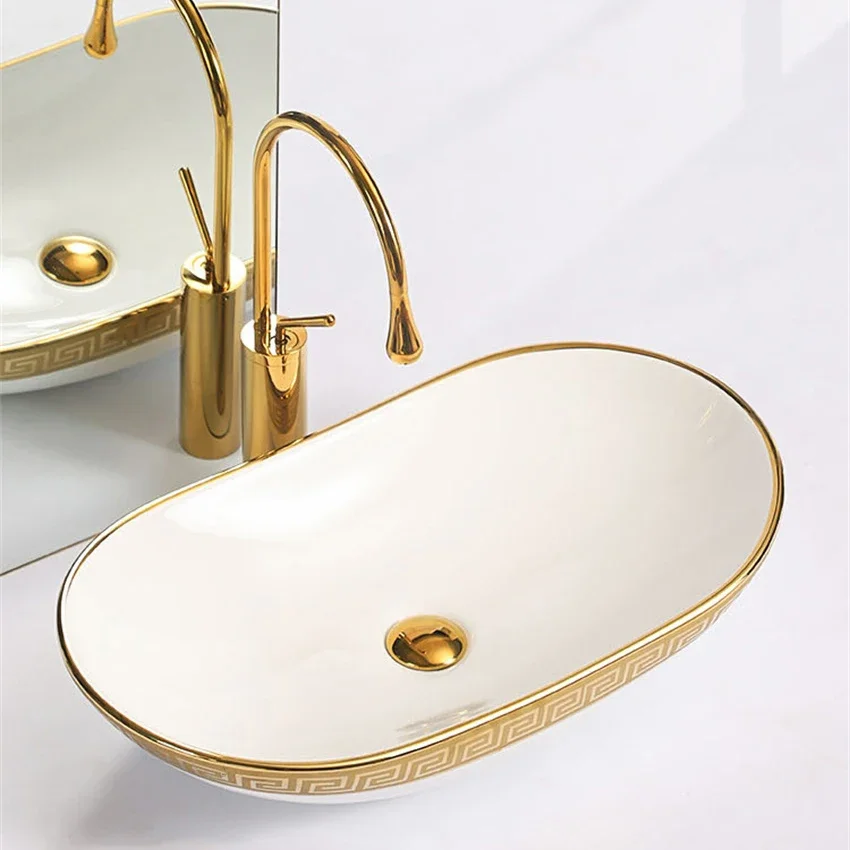 

Light Luxury European Style Golden Ceramic Tabletop Basin Household Washbasin Minimalist Bathroom Wash Basins Simple Washbasin