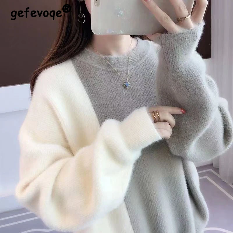 

Women Trendy Contrast Color Streetwear Asymmetrical Oversized Soft Mink Cashmere Sweater Y2K Female Casual Long Sleeve Pullovers