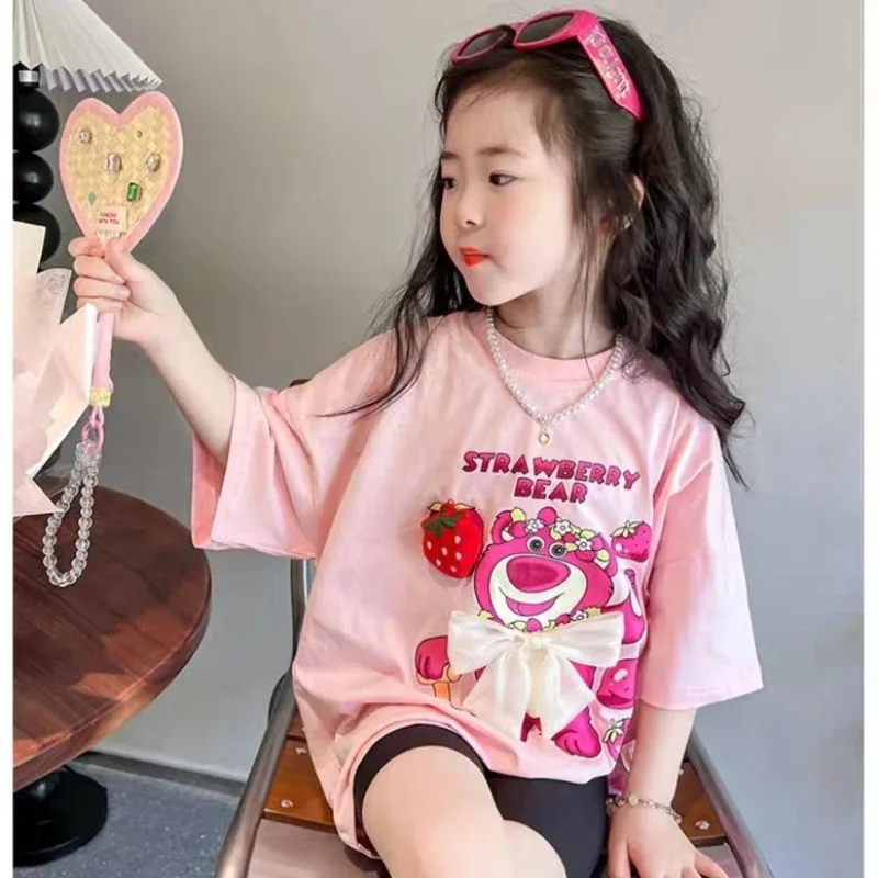 

Disney Strawberry Bear Kawaii Girls Pure Cotton Short Sleeve Summer New T-shirt Girl Baby Cartoon Half Sleeve Birthday Gift