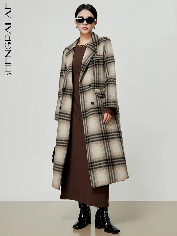 

SHENGPALAE Vintage Plaid Woolen Coat For Women Fashion Notched Collar Contrast Color Straight Blends Jacket Autumn 2023 New 7287