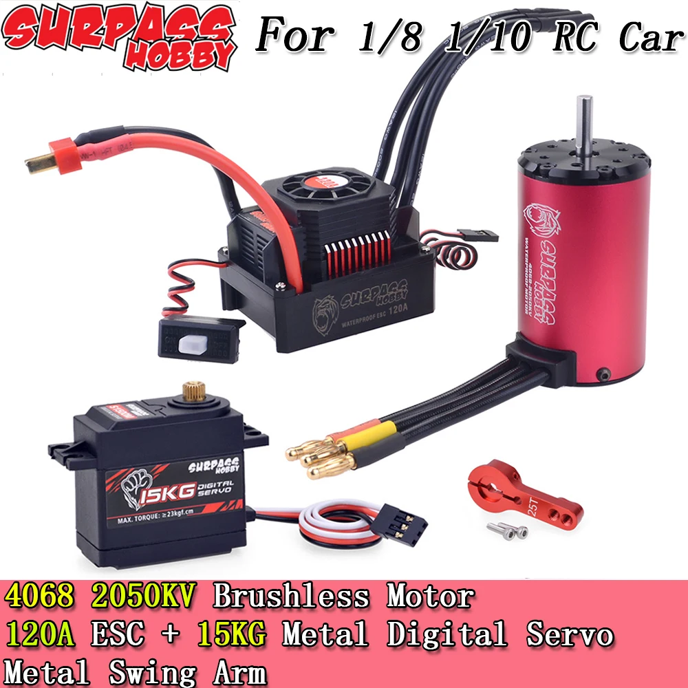 SURPASS HOBBY Waterproof Set 4068 2050KV Motor+120A ESC+15KG Metal Digital Servo+ Metal Swing Arm for 1/8 1/10 RC Car
SURPASS HOBBY Waterproof Set 4068 2050KV Motor+120A ESC+15KG Metal Digital Servo+ Metal Swing Arm for 1/8 1/10 RC Car