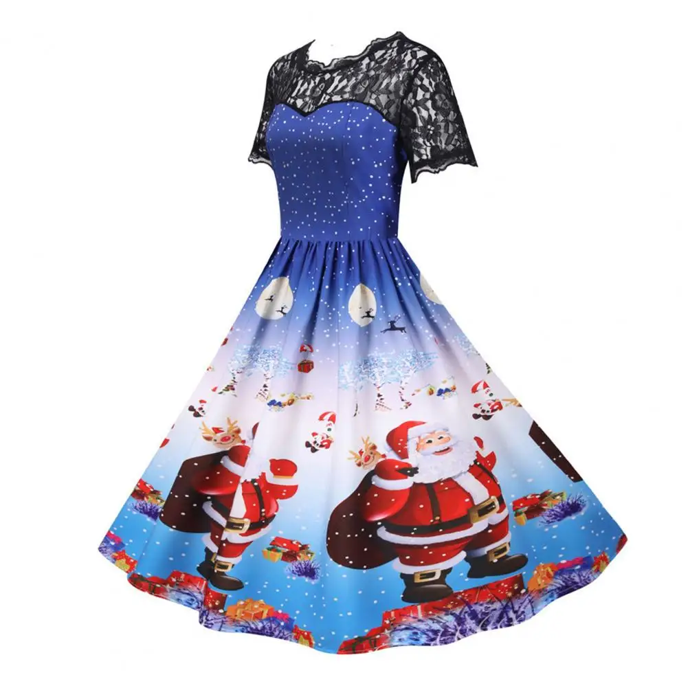 Christmas Dress Women Big Swing Cartoon Santa Snowflake Print Short Sleeve See-through Lace Lady New Year Party Evening Dress
Christmas Dress Women Big Swing Cartoon Santa Snowflake Print Short Sleeve See-through Lace Lady New Year Party Evening Dress