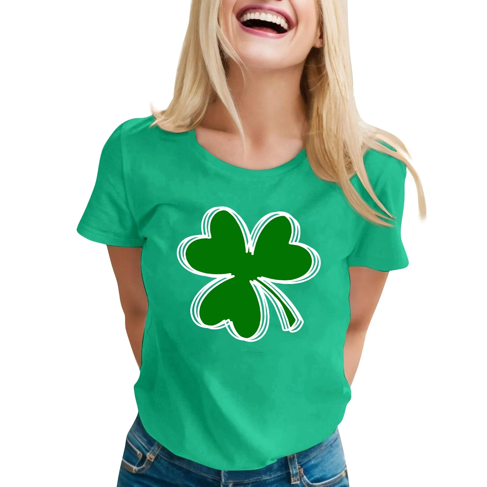 

Shirts & Blouses Daily Casual Women Blouse 2024 O-Neck Short Sleeves St. Patrick'S Day Printed Women Pullover Cotton Лонгслив