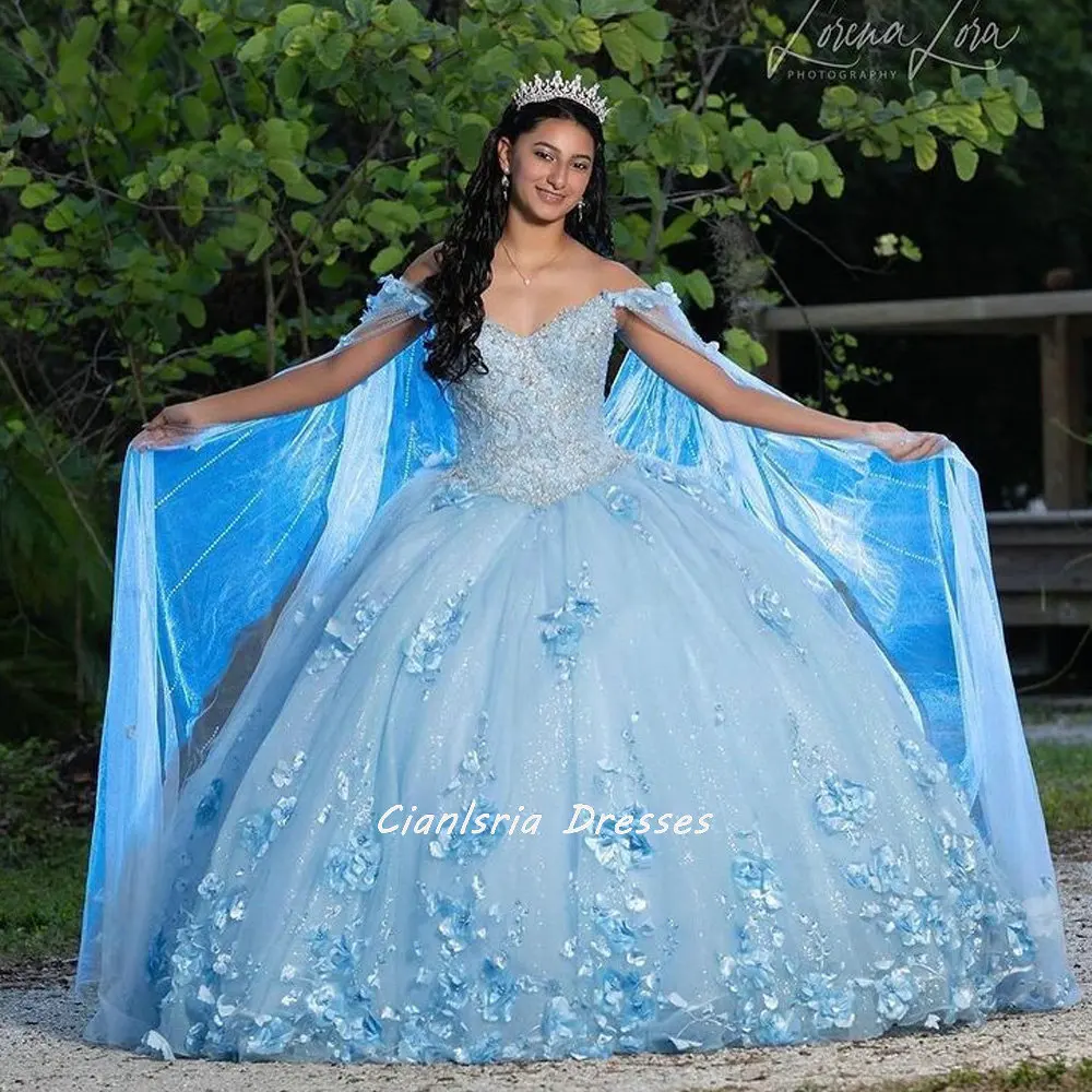 Sky Blue Off The Shoulder Lace Appliques Ball Gown Quinceanera Dresses With Cape Handmade Flowers Vestido De 15 16 Anos
Sky Blue Off The Shoulder Lace Appliques Ball Gown Quinceanera Dresses With Cape Handmade Flowers Vestido De 15 16 Anos