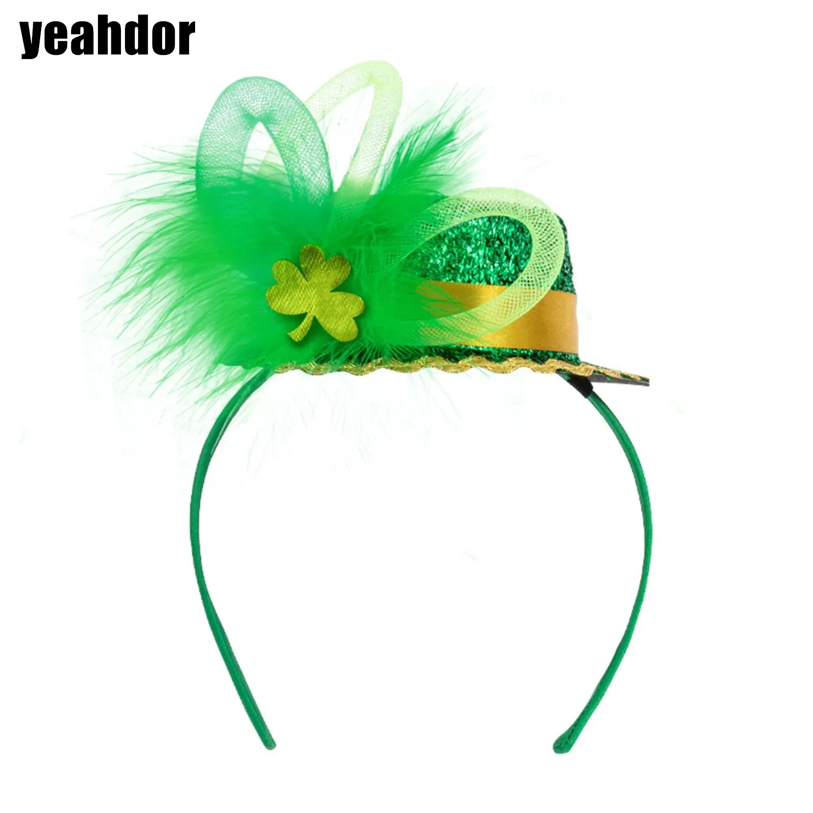 

St Patricks Day Headwear Irish Shamrocks Shiny Top Hat Fuzzy Feather Headband Hair Hoop Party Accessory for Festival
