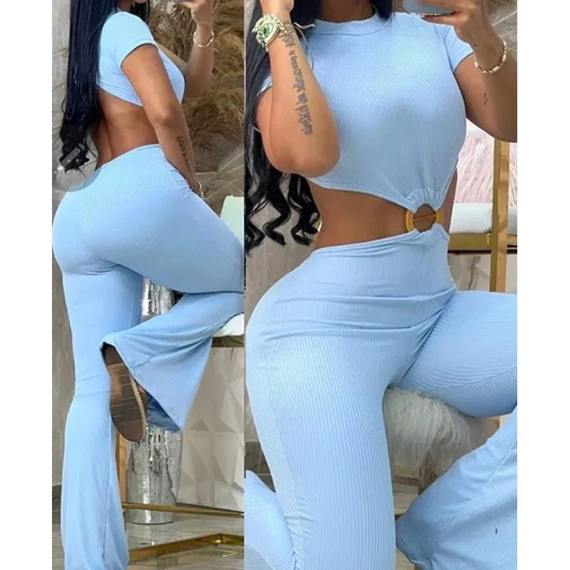 Female O-Neck Short Sleeve Flare Pants Playsuits Fashion Summer Solid Club Party Romper Sexy Hollow Backless Slim Fit Jumpsuit
Female O-Neck Short Sleeve Flare Pants Playsuits Fashion Summer Solid Club Party Romper Sexy Hollow Backless Slim Fit Jumpsuit