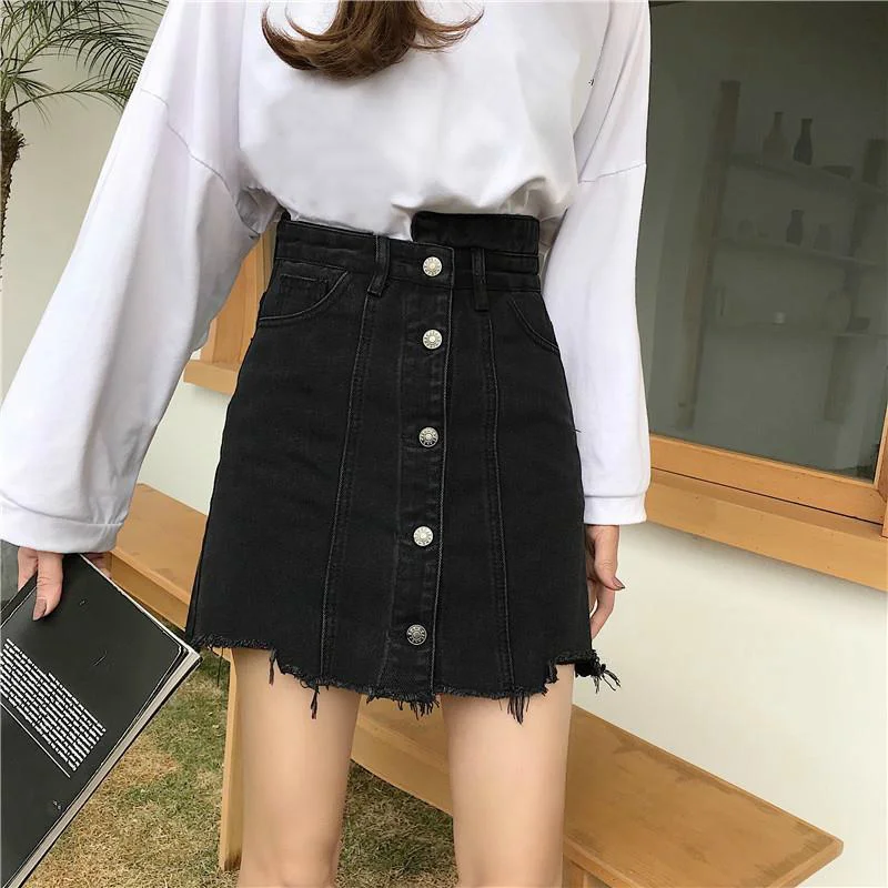 

Women Single Button Denim Skirts A-line Elegant Students School Sundress Summer Solid Black Basic High Waist Short Skirt Femme