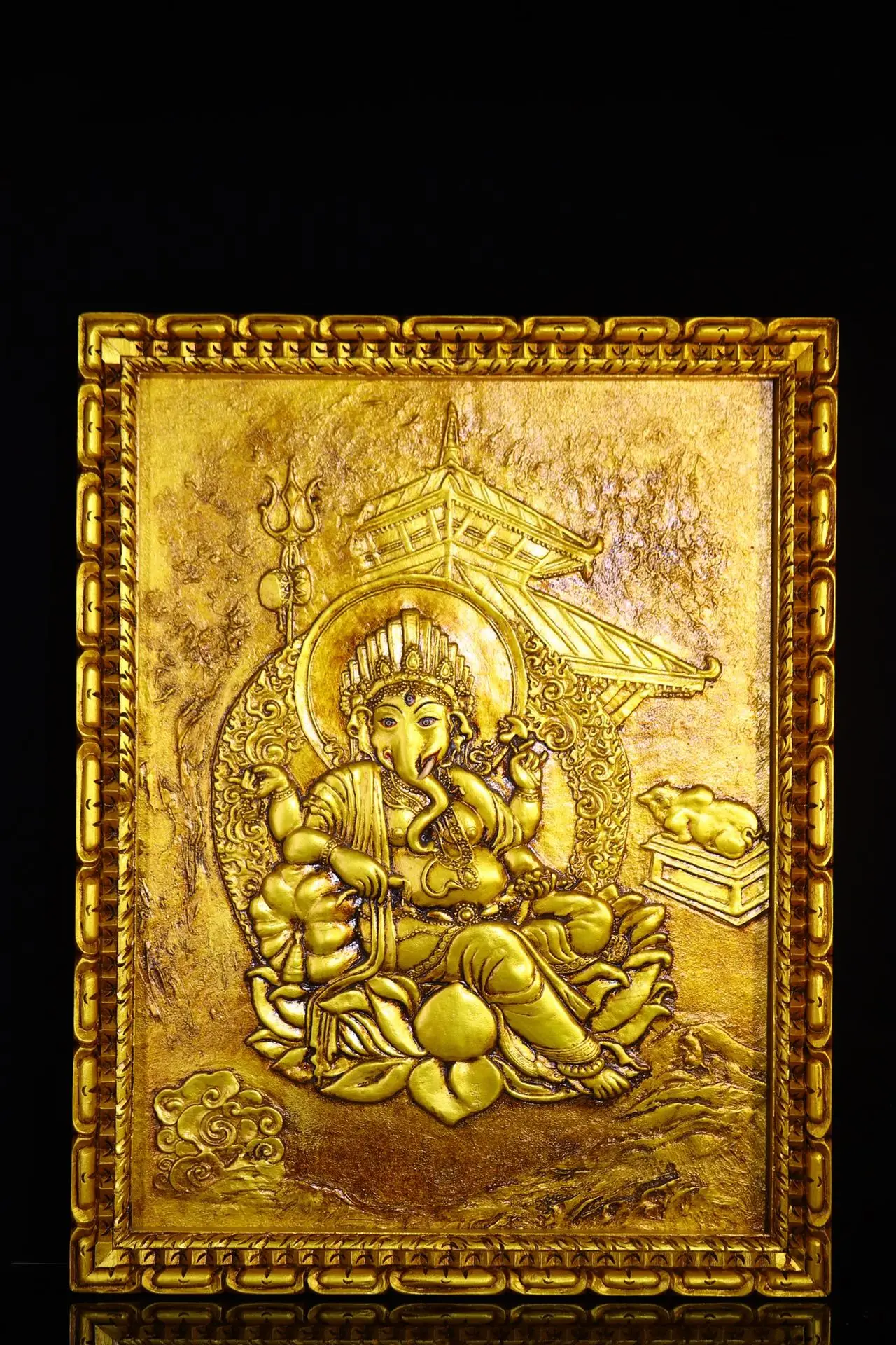 

26"Tibetan Temple Collection Old Bodhi Root Painted Outline in gold GANESH Sitting Buddha Thangka Wall hanging Worship Hall