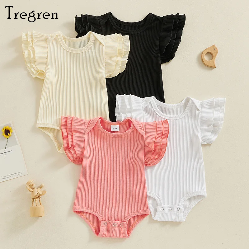 

Tregren 0-18M Baby Girls Rompers Solid Color Crew Neck Three Layered Fly Sleeve Infant Bodysuits Summer Ribbed Knit Jumpsuits