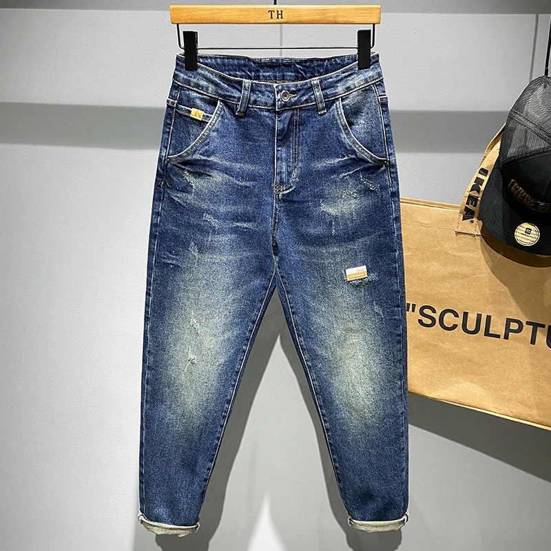 

Pop Vintage Blue Jeans for Men Wash Bleach Wear Tear Ripped Fashion Street Casual Elasticity Cotton Male Denim Pants
