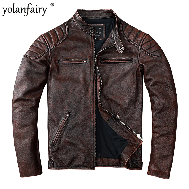 

Мужская кожаная куртка с воротником-стойкой, коричневый жакет из натуральной воловьей кожи, верхний слой, винтажная одежда, 6XL FCY4272