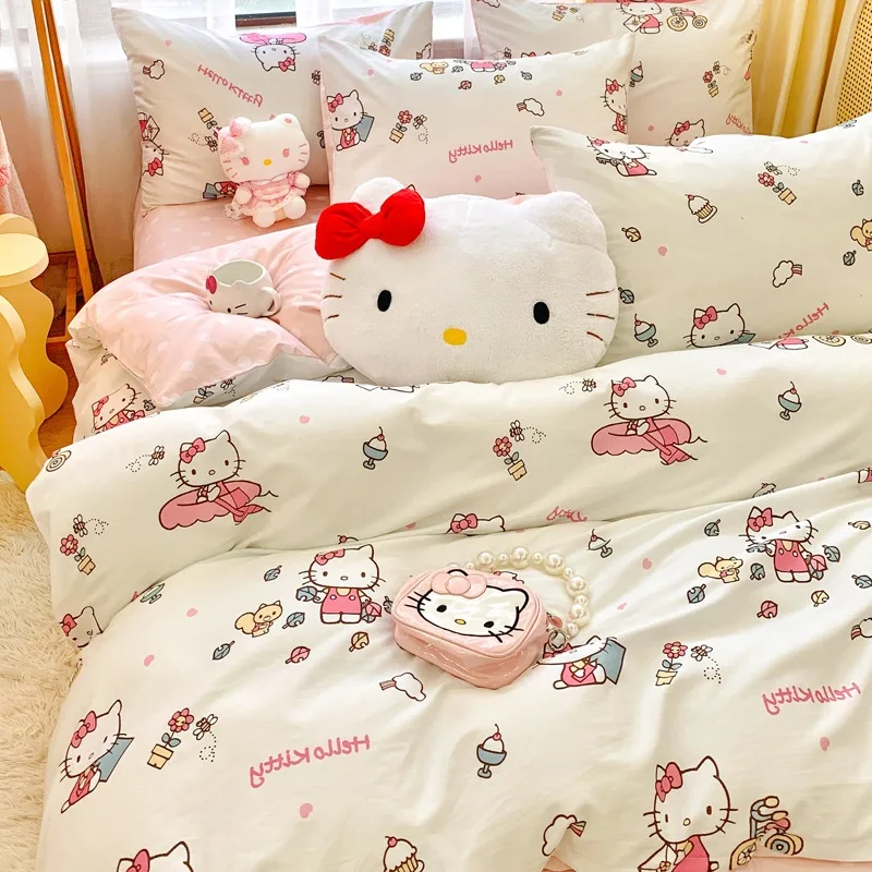 

Sanrio Hello Kitty Kawaii Anime Cotton Cute Cartoon Bed Set Four Piece Sweet Style Female Dormitory Sheet Quilt Set Three Piece