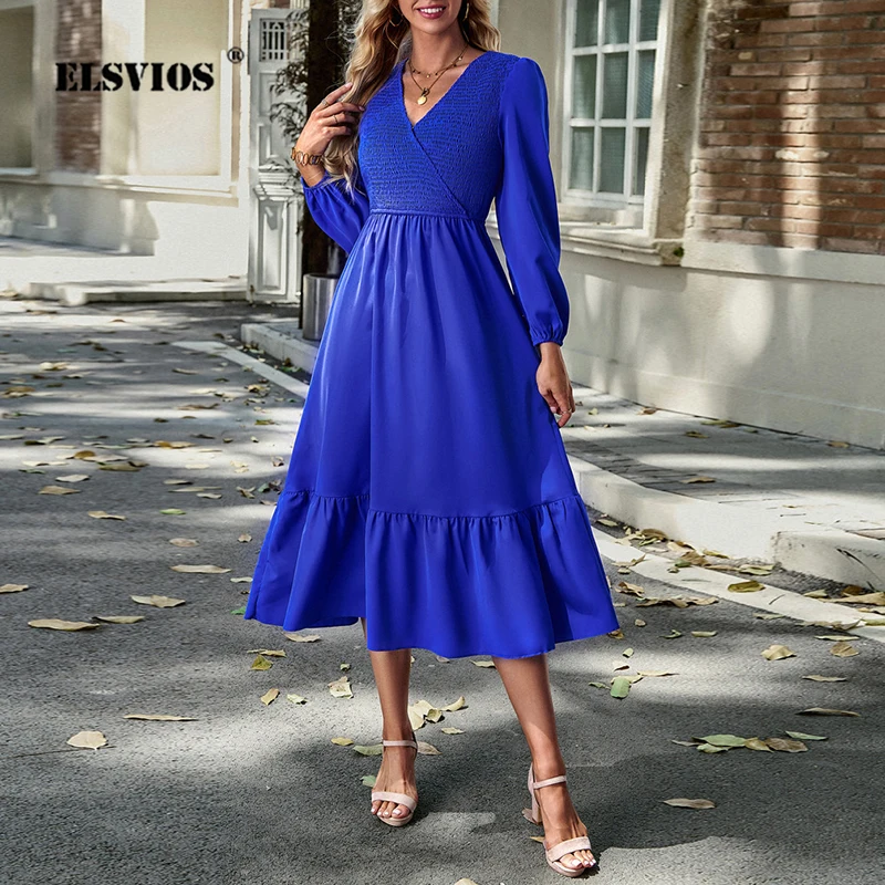 

Vestidos Lady Elegant Boho Autumn Party Dress Solid Puff Sleeve V-neck High Waisted Splicing Long Dress Fashion Women's Clothing