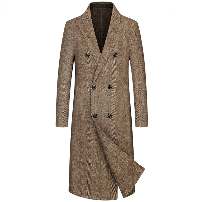 

Мужское длинное двубортное пальто, Классические Куртки из 80% шерсти размеров 3xl, одежда для джентльмена с шерстью и карманами, Цвет Кофейный