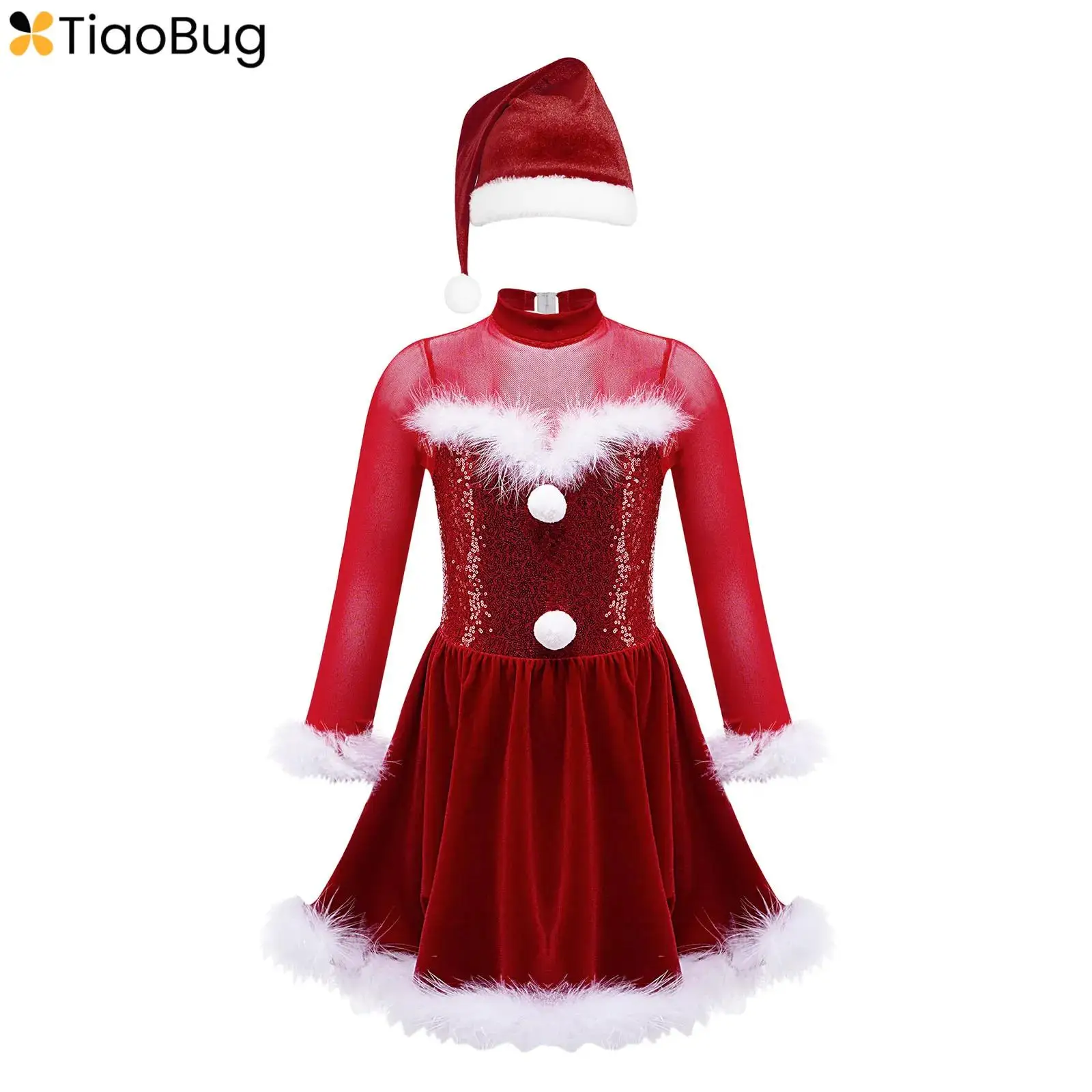 

Kids Girls Christmas Mrs Santa Claus Costume Long Sleeve Ballet Dance Skating Tutu Dress with Hat Xmas Party Candy Cane Cosplay