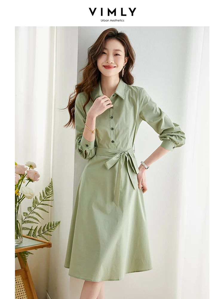 

Vimly Elegant Office Ladies Shirt Dress for Women 2023 Spring Fashion Solid Slim Belted Waist A Line Long Sleeve Midi Dreeses