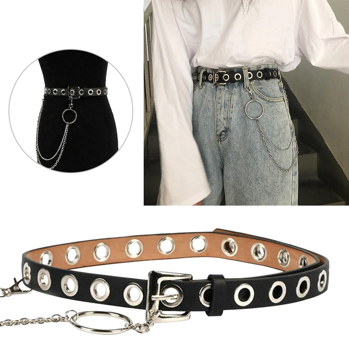 

2024 New Fashion Women Punk Chain Belt Adjustable Black Single Eyelet Grommet Metal Buckle PU Leather Lady Waistband For Jeans