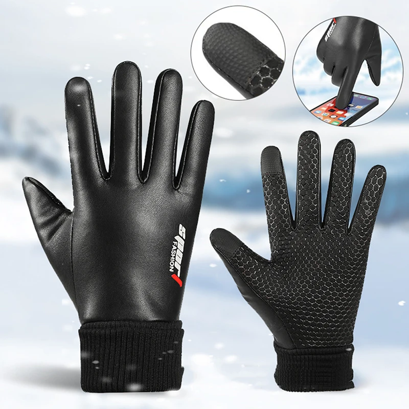 

1Pair Men's Gloves Cycling Winter Two Half Fingers Velvet Warm Non-Slip Male Waterproof Sports Touchscreen Hiking Fishing Gloves