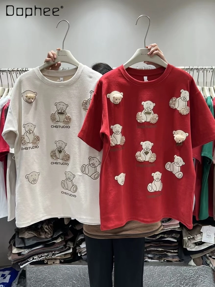 

Autumn Winter Thickening Brushed Cotton T-shirt Women Mid-Length Heavy Industry Rhinestone Cartoon Round Neck Half Sleeve Top