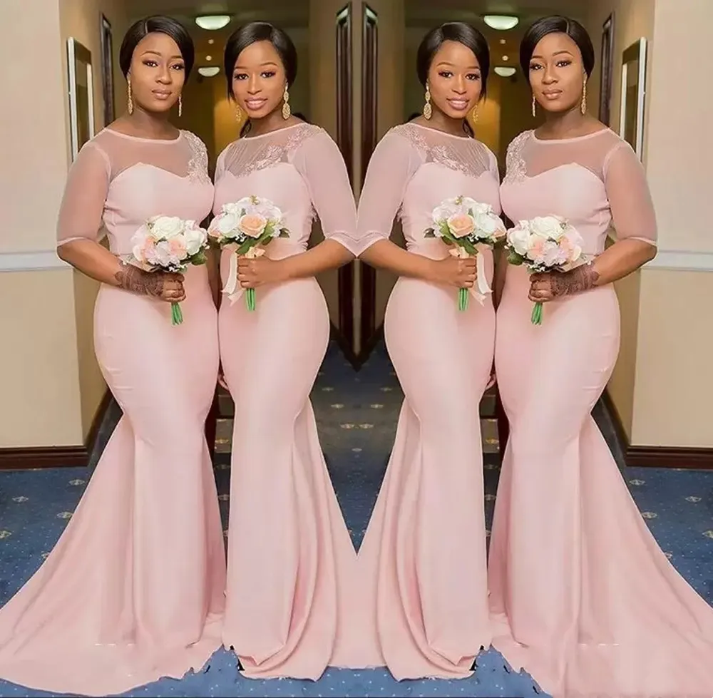 

Elegant Blush Pink Mermaid Bridesmaid Dresses for Women 2022 Illusion Sheer Jewel Floor Length Maid of Honor Wedding Guest Gowns