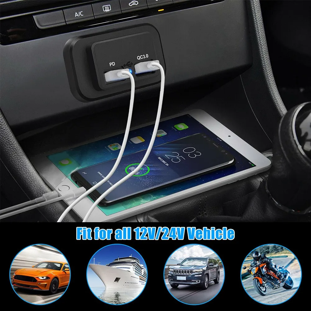 12/24V PD+QC3.0 Dual USB Port Car Fast Charger Socket Waterproof Dustproof For Vehicles Motorcycles Boats RV For IOS Devices
12/24V PD+QC3.0 Dual USB Port Car Fast Charger Socket Waterproof Dustproof For Vehicles Motorcycles Boats RV For IOS Devices