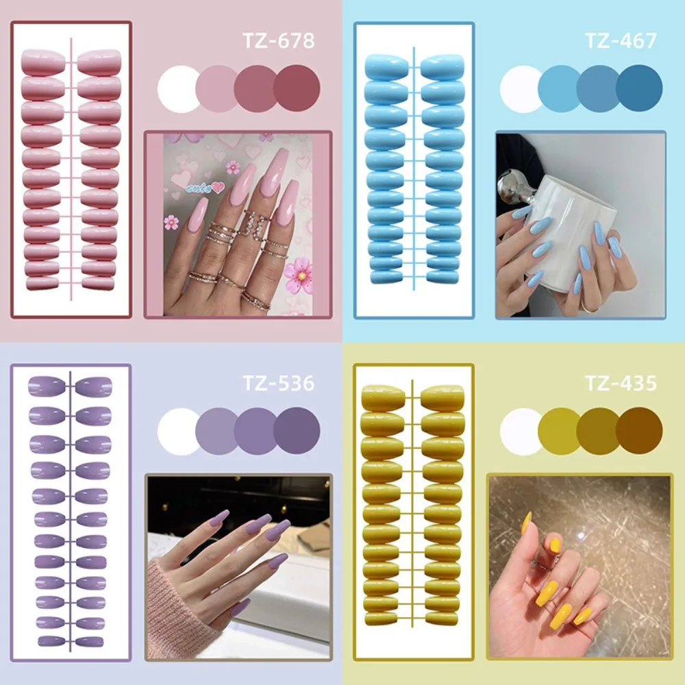 

Однотонные накладные ногти с полным покрытием, 24 шт., яркие съемные трапециевидные накладные ногти для балета, носимые накладные ногти для маникюра и прессования для женщин