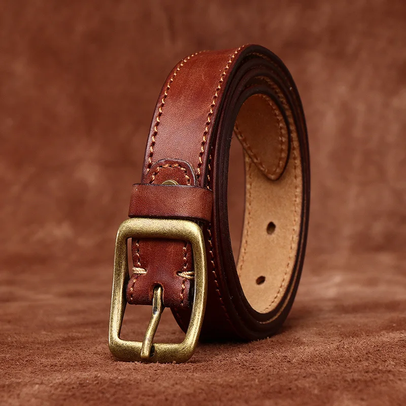 

2.4CM Ladies Pure Cowhide Copper Buckle High Quality Retro Luxury Female Waistband Genuine Leather Casual Jeans Thin Belt Women