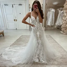 Sevintage Luxury Mermaid Lace Applique Wedding Dresses With Removable Train V-Neck Spaghetti Straps Bridal Dress Wedding Gowns
Sevintage Luxury Mermaid Lace Applique Wedding Dresses With Removable Train V-Neck Spaghetti Straps Bridal Dress Wedding Gowns