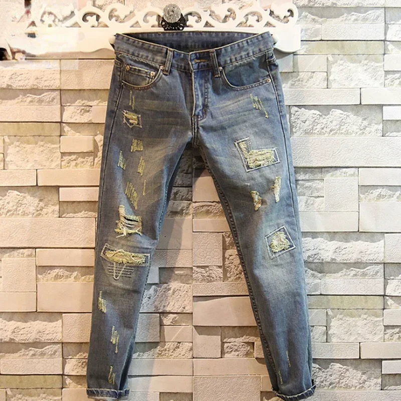 

Брюки поломанные мужские в стиле ретро, рваные джинсы в ковбойском стиле, рваные джинсы в японском уличном стиле с дырками, корейская мода, дизайнерский деним, Xs