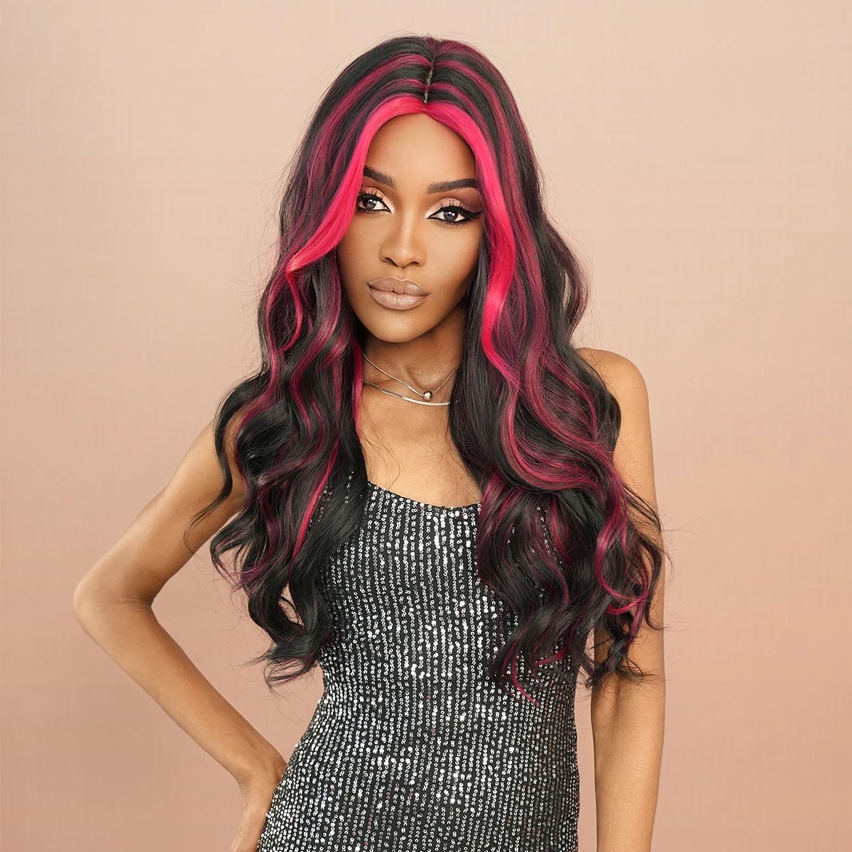 

7JHH WIGS Long Curly Wave Red Highlight Black Wigs for Women Daily Party Use High Density Fluffy Layered Synthetic Hair Wig